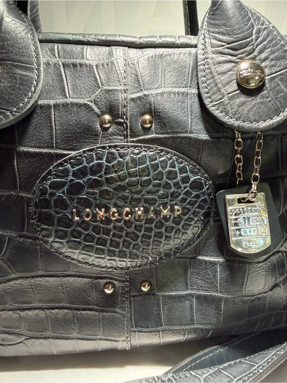 Longchamp Légende Black Gray Blue Croc-Embossed Leather Two Way Handbag